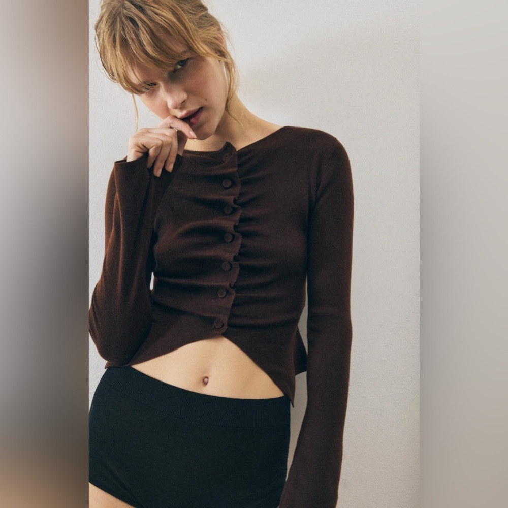 Zara Dark Brown Long-Sleeve Buttoned Crop Cardigan